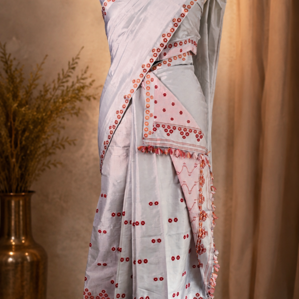 Mulberry Silk Pearl Grey Floral Mekhela Chador