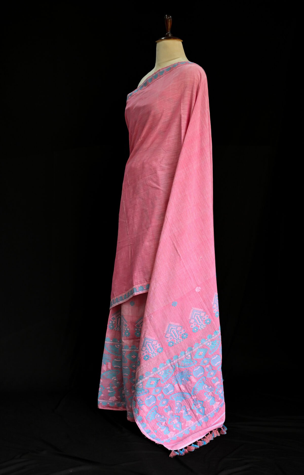 Cotton Rose Pink & Sky Blue Mekhela Chador - Image 3