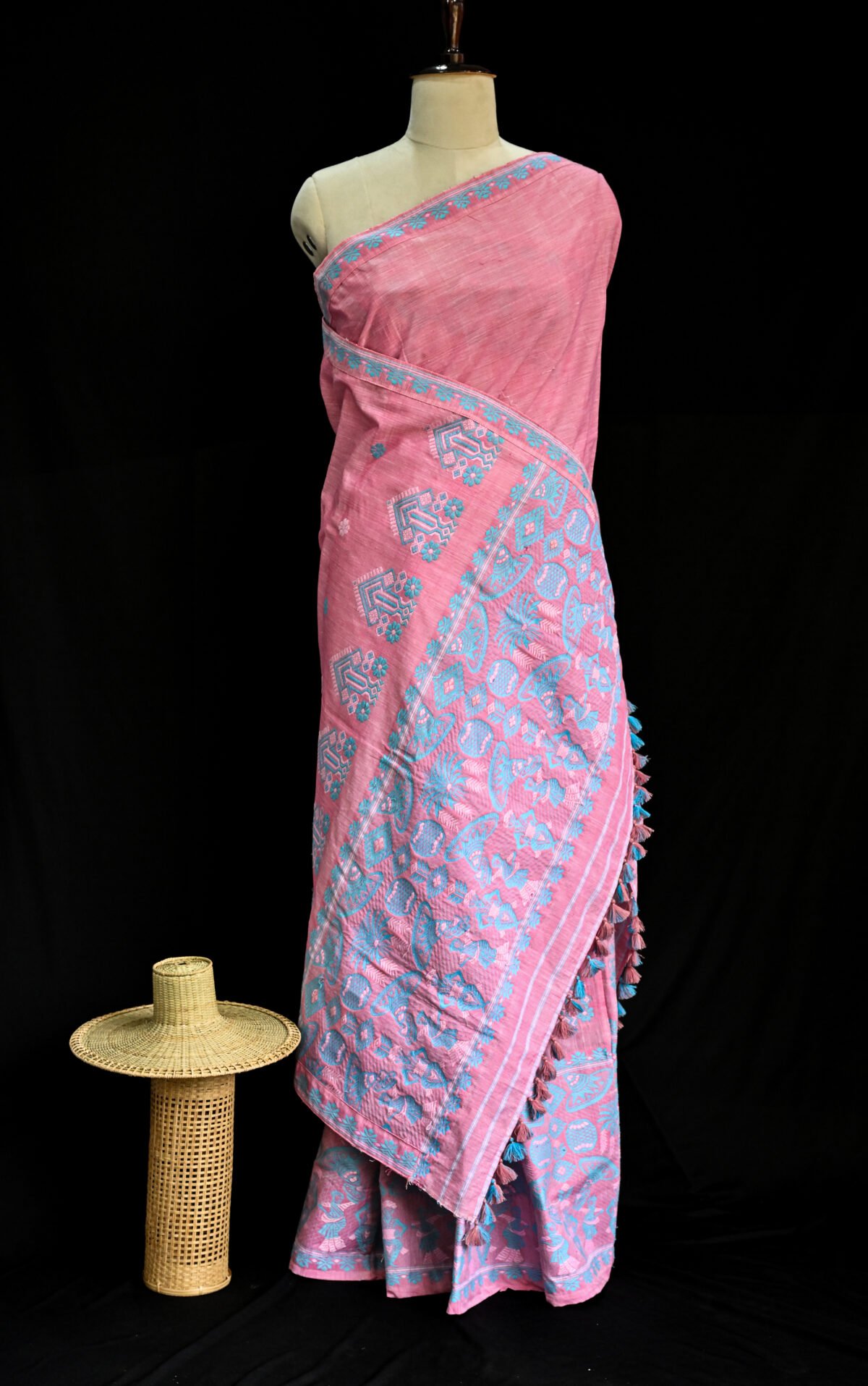 Cotton Rose Pink & Sky Blue Mekhela Chador