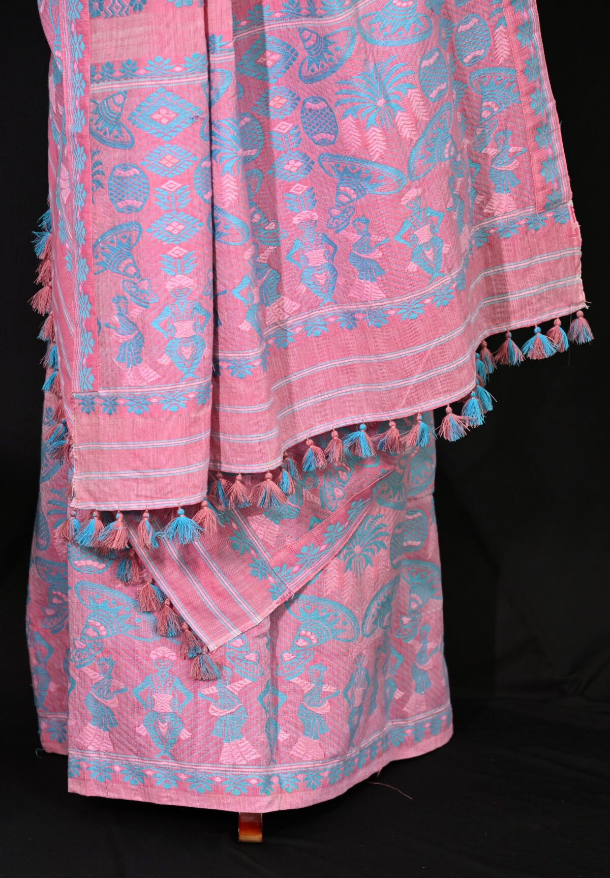 Cotton Rose Pink & Sky Blue Mekhela Chador - Image 5