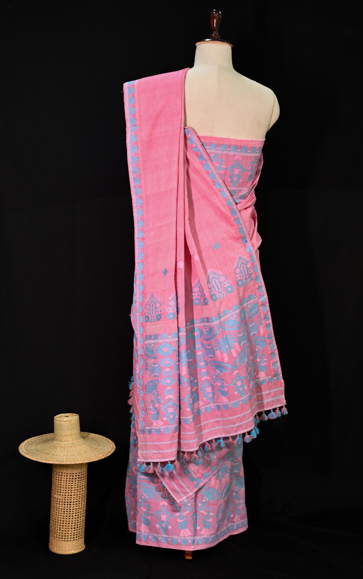 Cotton Rose Pink & Sky Blue Mekhela Chador - Image 4