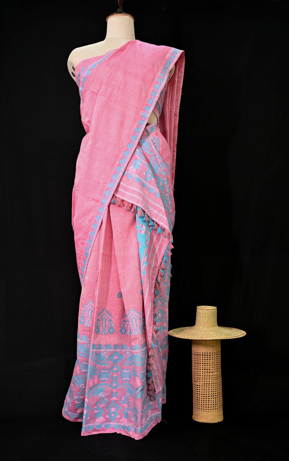 Cotton Rose Pink & Sky Blue Mekhela Chador - Image 2