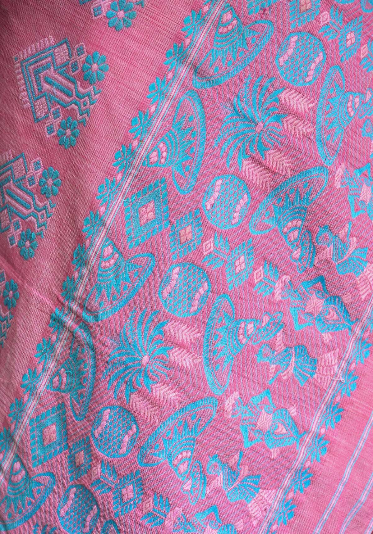 Cotton Rose Pink & Sky Blue Mekhela Chador - Image 6