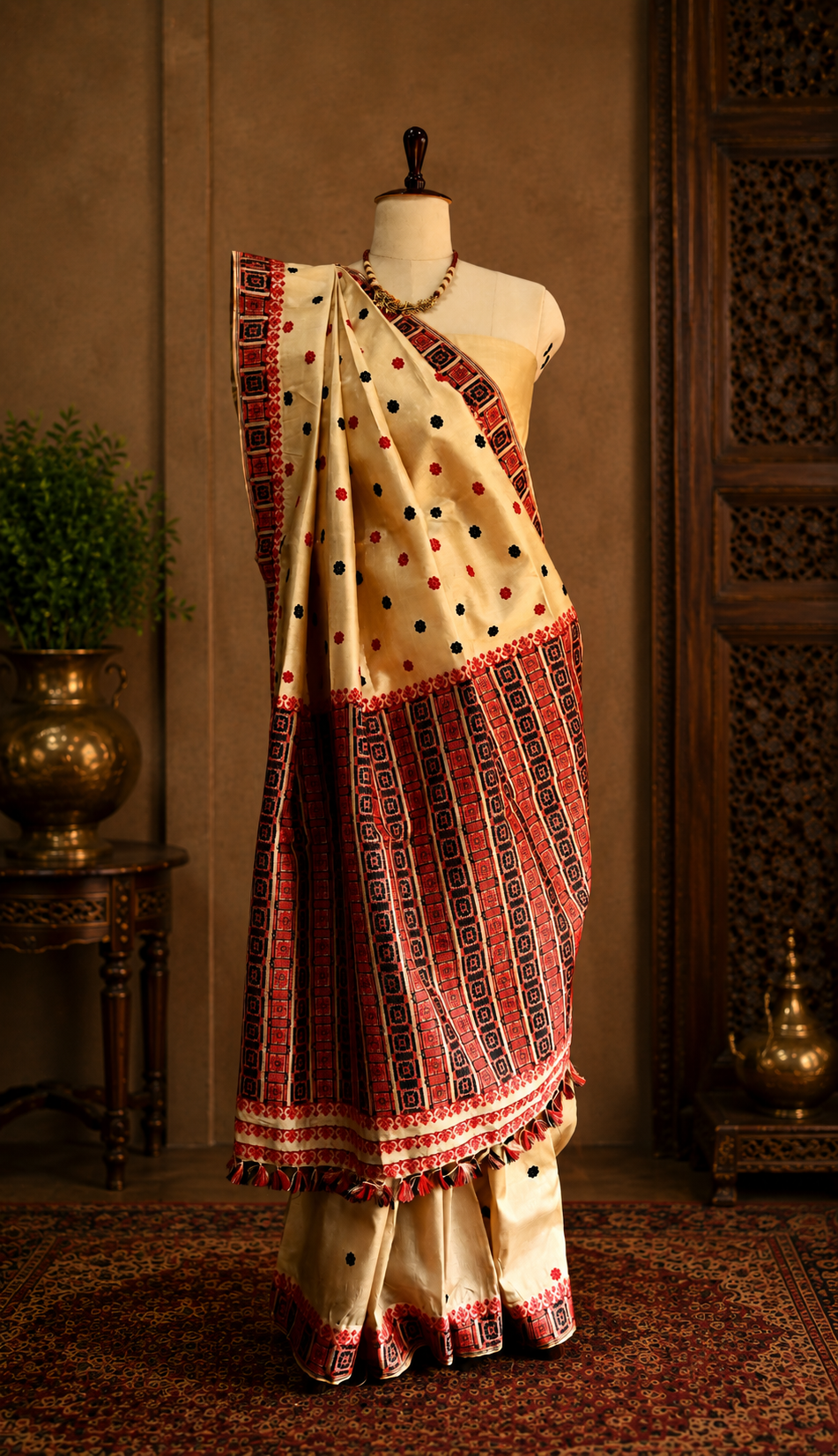 TASSAR SAREE RED BLACK WORK - Image 2