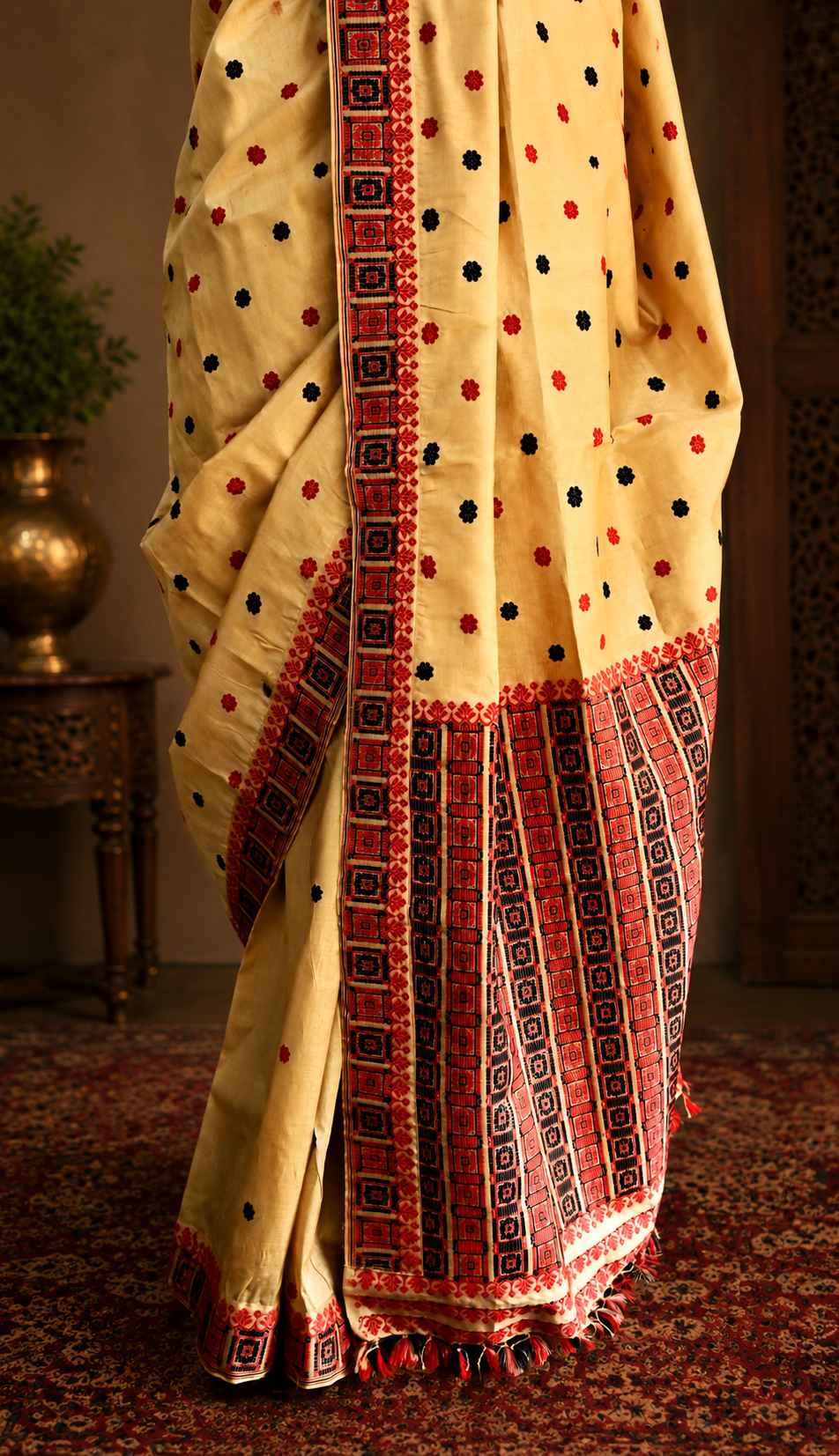 TASSAR SAREE RED BLACK WORK - Image 3