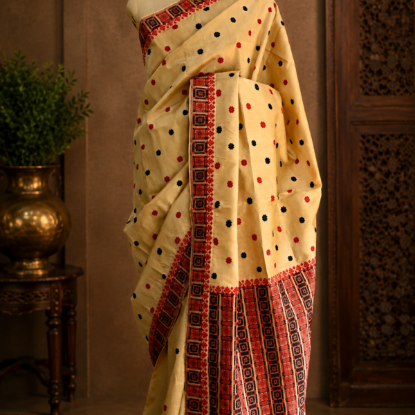 TASSAR SAREE RED BLACK WORK
