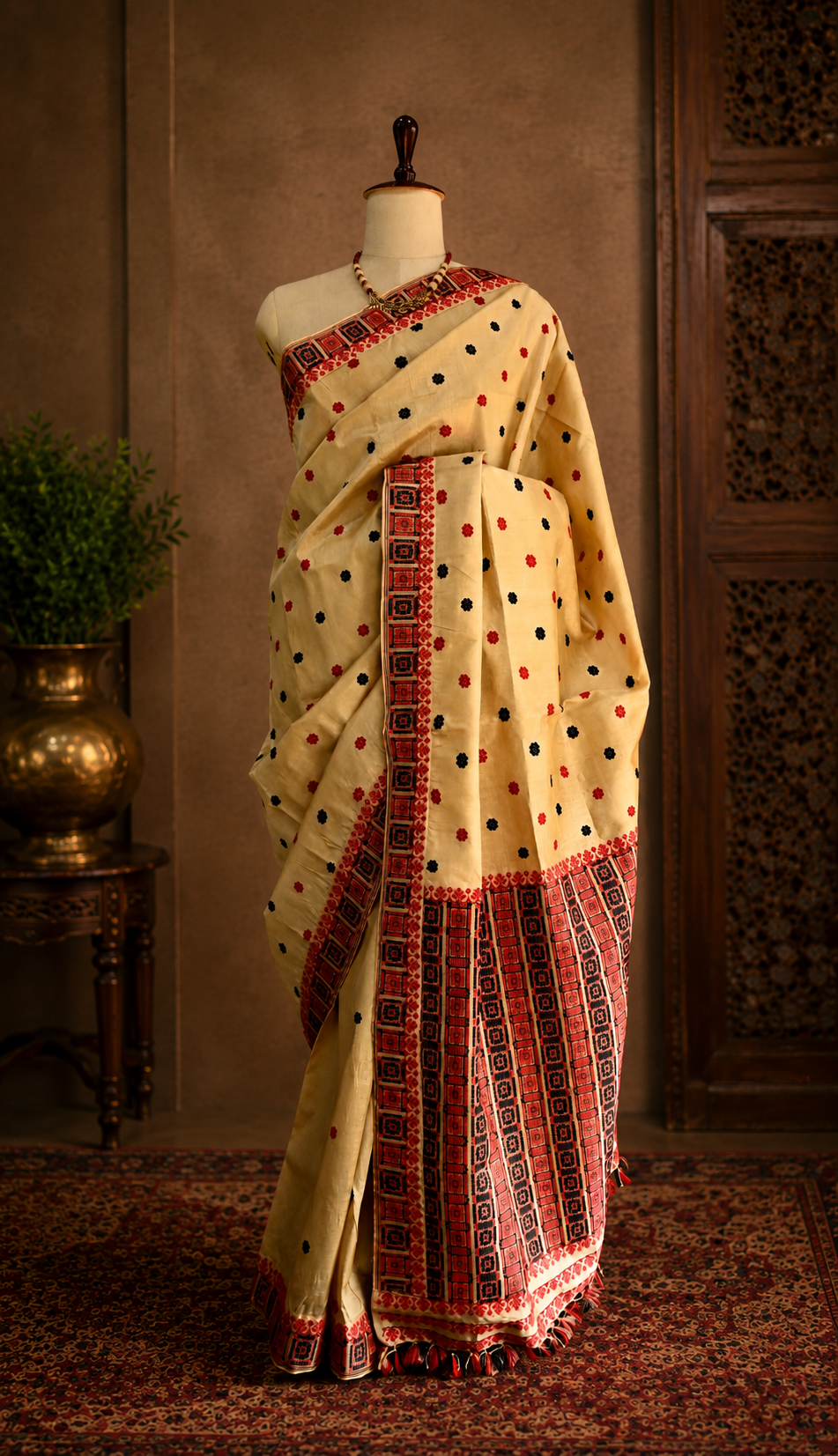 TASSAR SAREE RED BLACK WORK