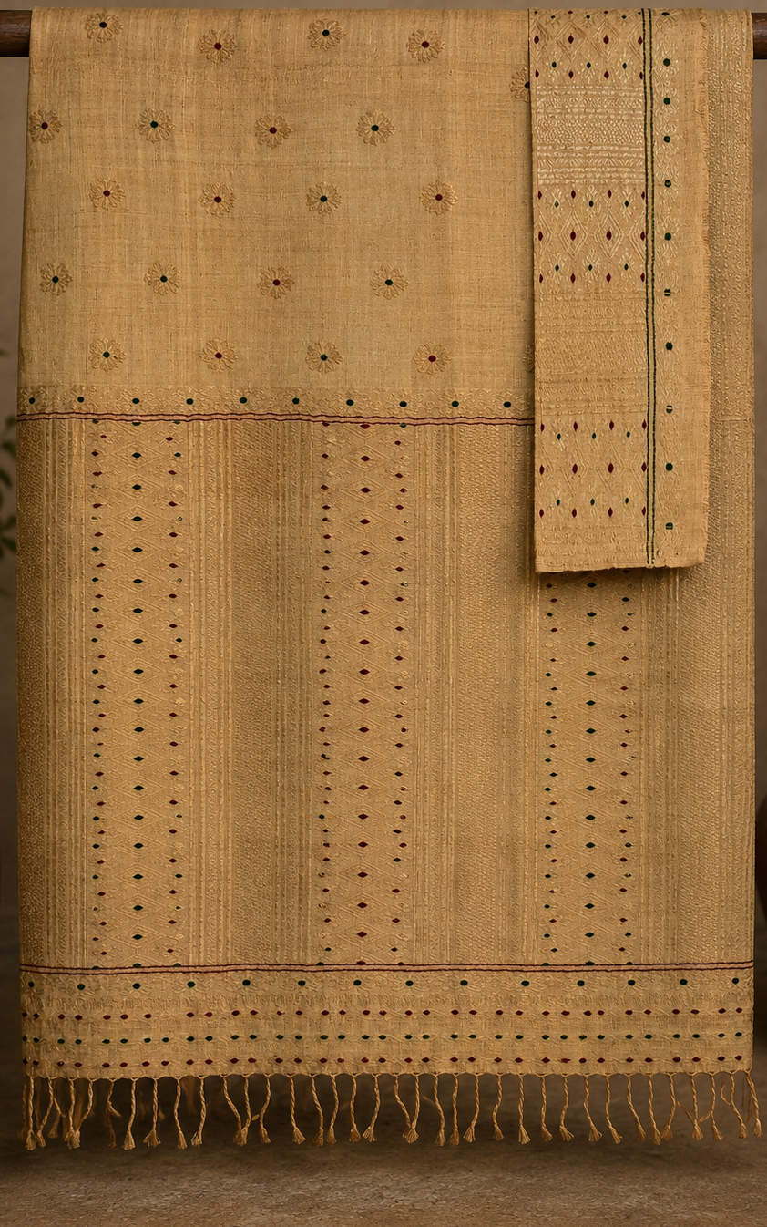 MUGA SILK SAREE IN TRADITIONAL ASSAMESE GAMKHARU DESIGN - Image 6